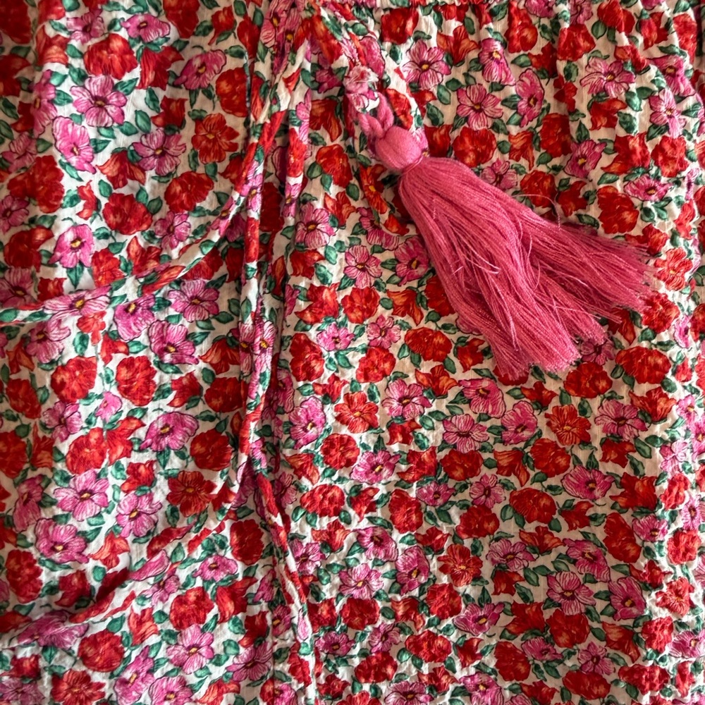 Mango Floral Romper Small Boho Drawstring Waist Red Pink Summer Vacation - Picture 3 of 3